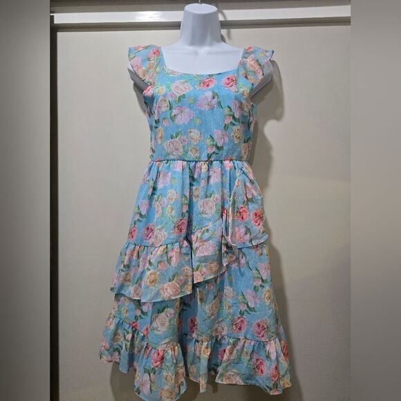 Blush By US Angels Girls Mirelle Floral FlutterSleeve Dress Sz 14 Blue/Pink NWOT - Picture 1 of 3